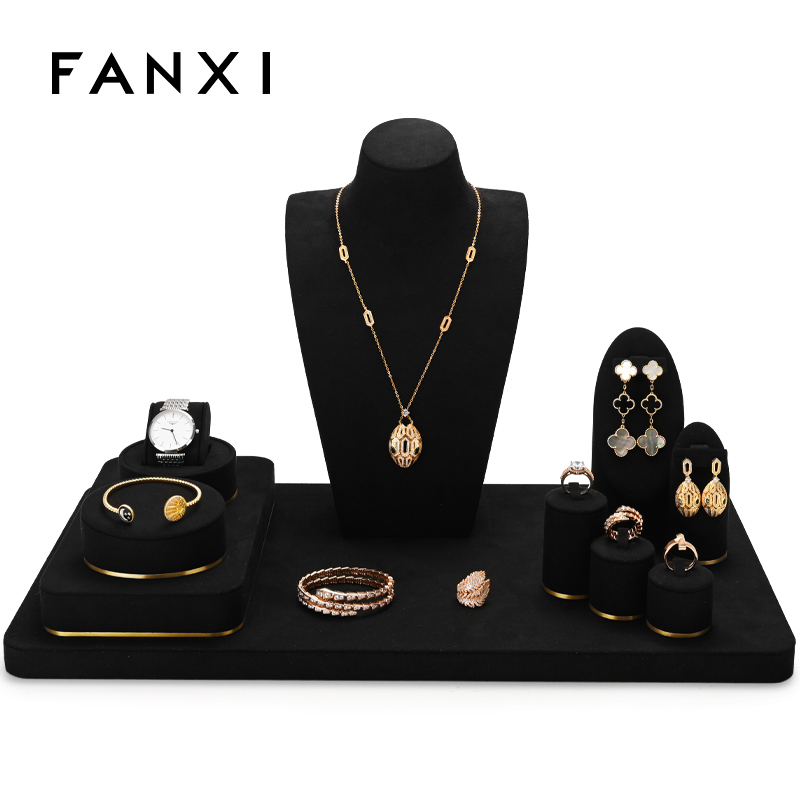 Custom counter black microfiber jewellery display set exhibitor