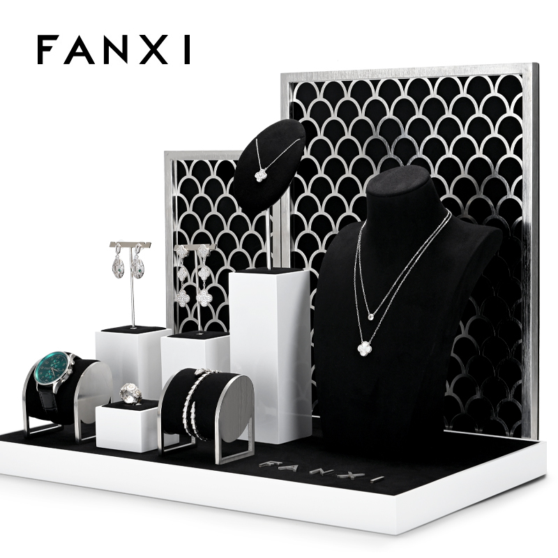 Luxury metal jewelry display stand sets with black microfiber