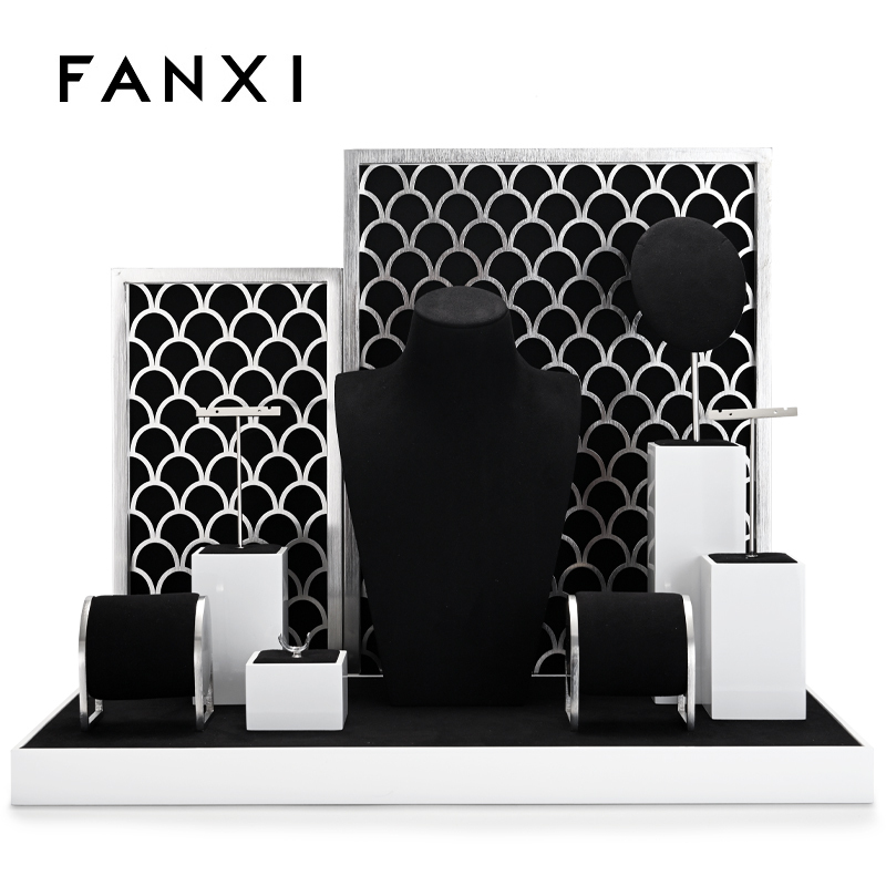 Luxury metal jewelry display stand sets with black microfiber