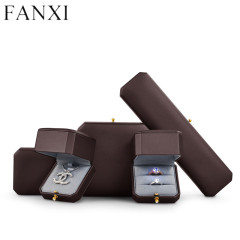 Custom logo brown leather jewelry packaging box with gray microfiber inside