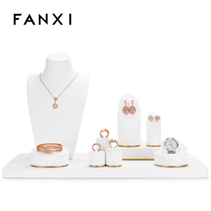 Luxury white jewellery display set with gold metal