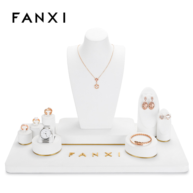 Luxury white jewellery display set with gold metal