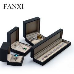FANXI Leatherette Paper Jewelry Boxes With Silk Insert For Ring Necklace Bracelet Bangle Packing Custom Logo Black Plastic Jewelllery Packaging Box