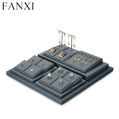 Luxury dark gray PU leather jewelry display stand set with microfiber