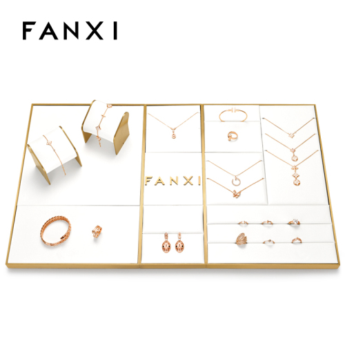 Luxury metal frame jewelry display set with white leather