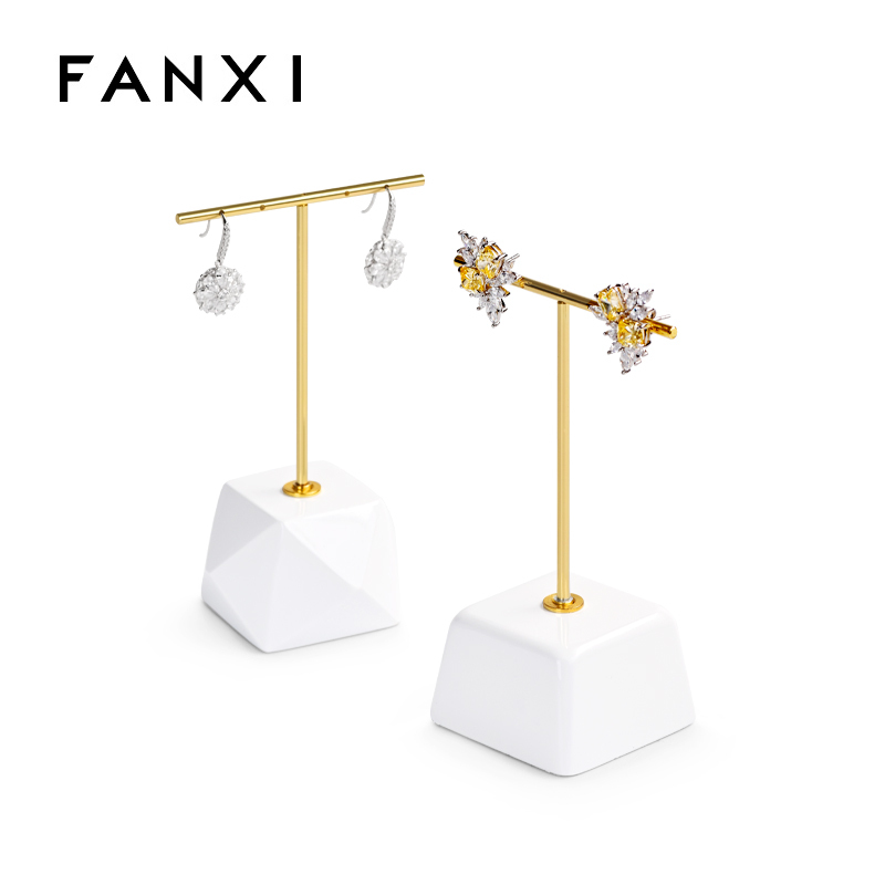 White resin base earring display stand with metal T bar holder