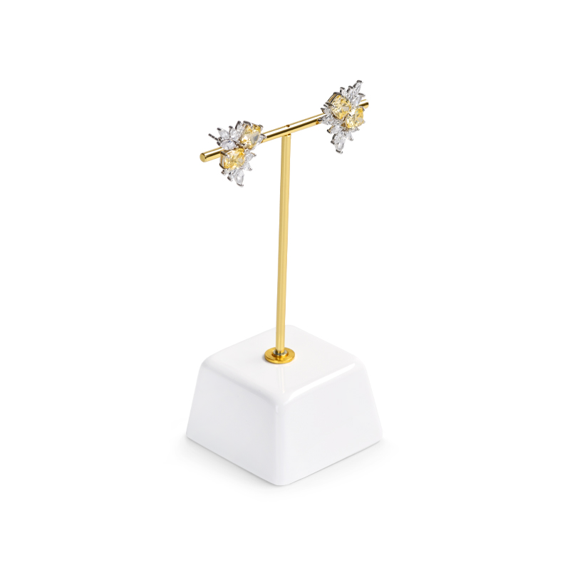 White resin base earring display stand with metal T bar holder