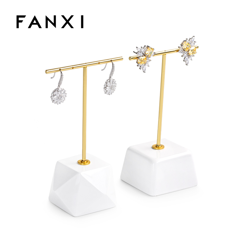 White resin base earring display stand with metal T bar holder