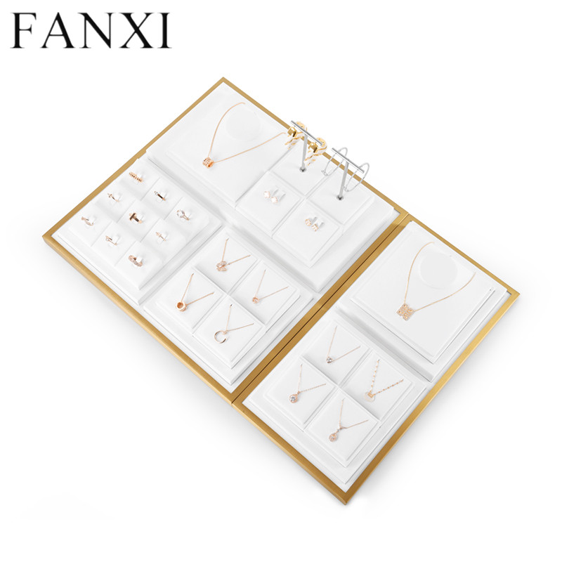 Luxury metal frame jewelry display set with white microfiber