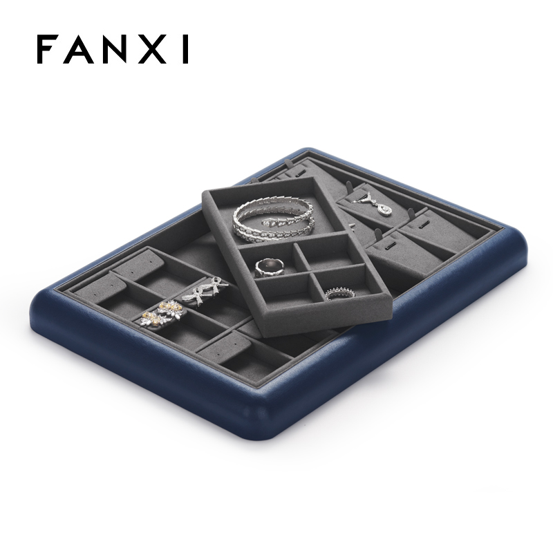 Customise colour multi-function leather jewellery display tray with microfiber inside