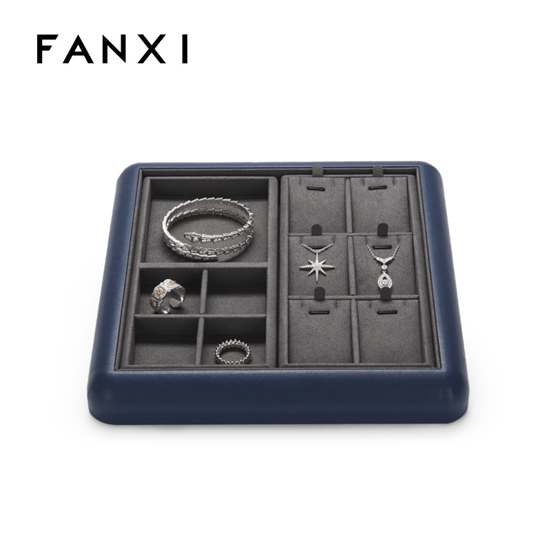 Customise colour multi-function leather jewellery display tray with microfiber inside