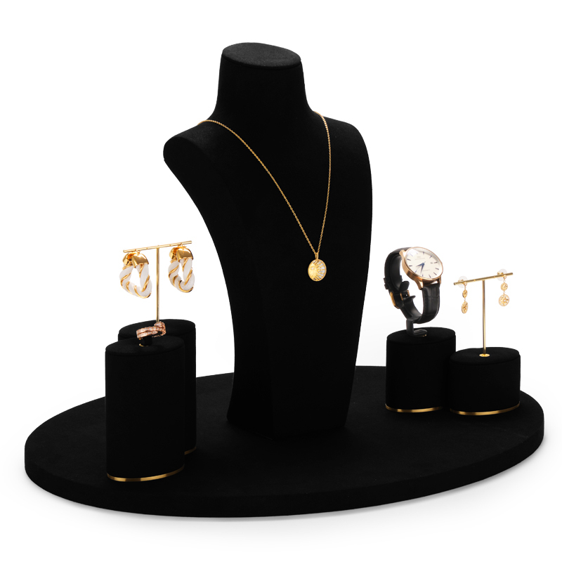 Custom colour metal frame jewelry display set with black microfiber