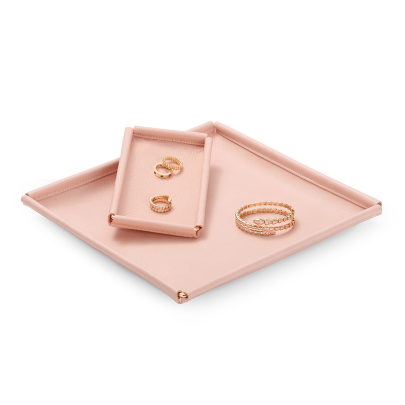 Custom colour metal frame pink pu leather jewelry display tray