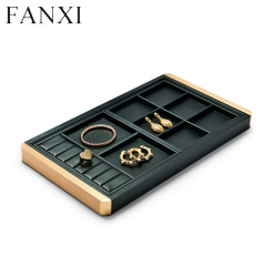 Free combination metal frame jewelry organizer display tray with dark green leather
