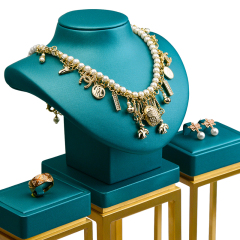 Luxury metal frame jewelry display set with green PU leather