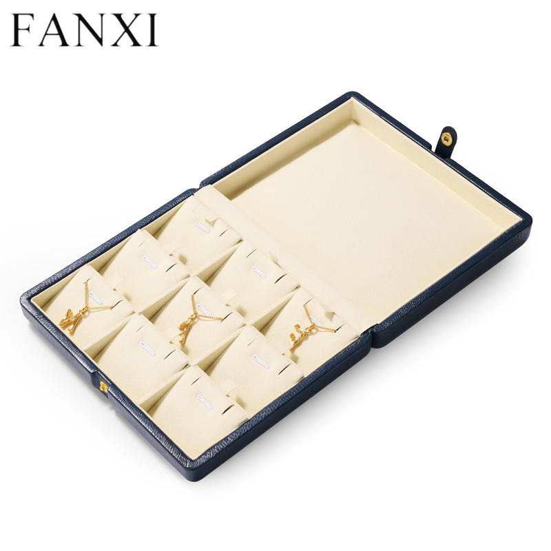 New design navy blue PU leather jewelry organizer case with cream microfiber inside