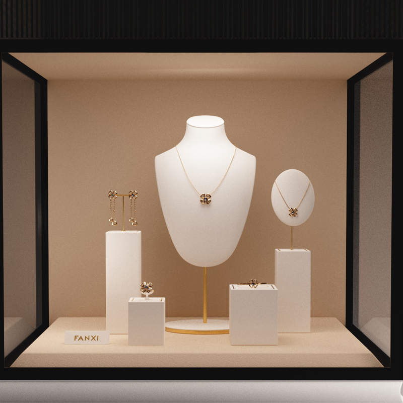 Luxury metal frame jewelry display set with white microfiber