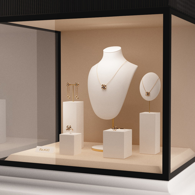 Luxury metal frame jewelry display set with white microfiber