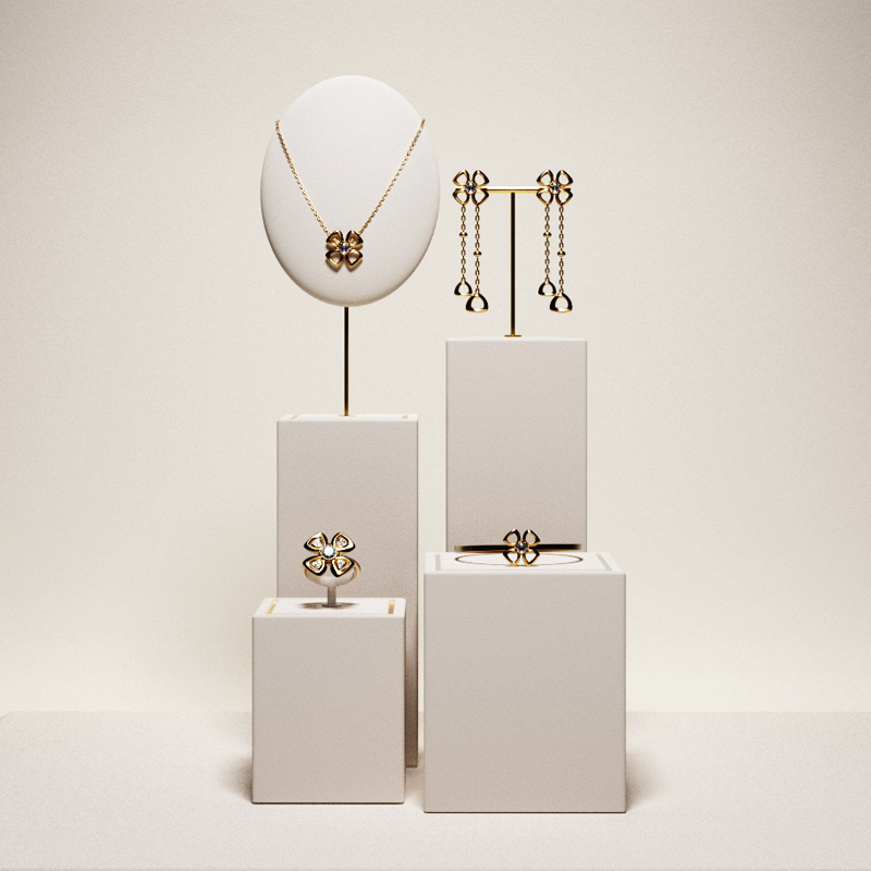 Luxury metal frame jewelry display set with white microfiber