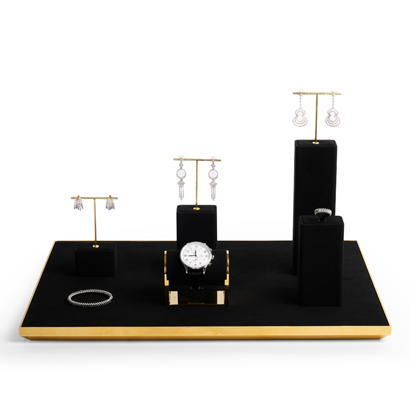 High-end metal frame jewelry display set with black microfiber