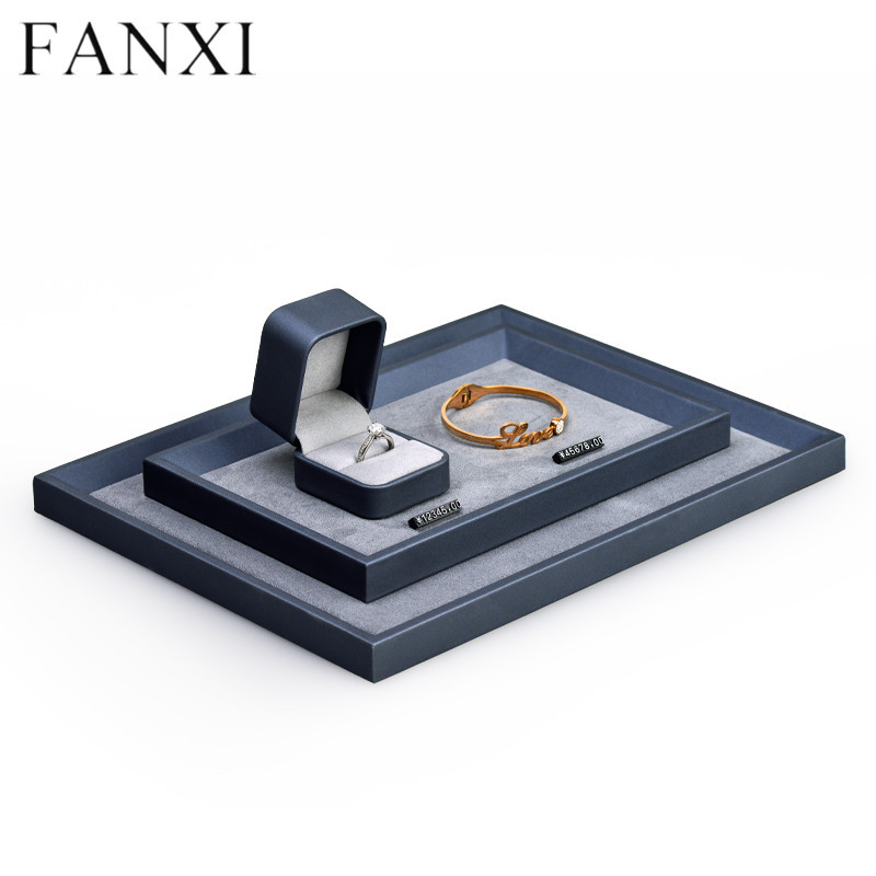 FANXI China new arrival Grey pu leather with microfiber jewelry display tray for ring necklace bangle jewelry showcase plate