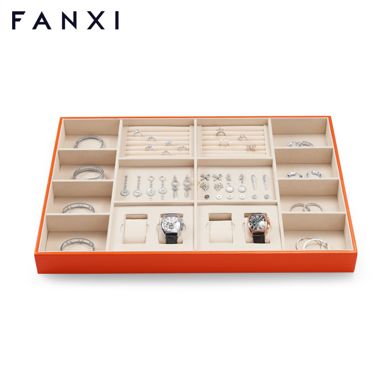 FANXI new design multi function orange jewelry display tray with cream microfiber inside