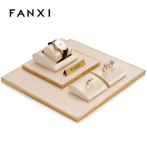 FANXI champagne luxury metal frame jewelry display set with pu leather