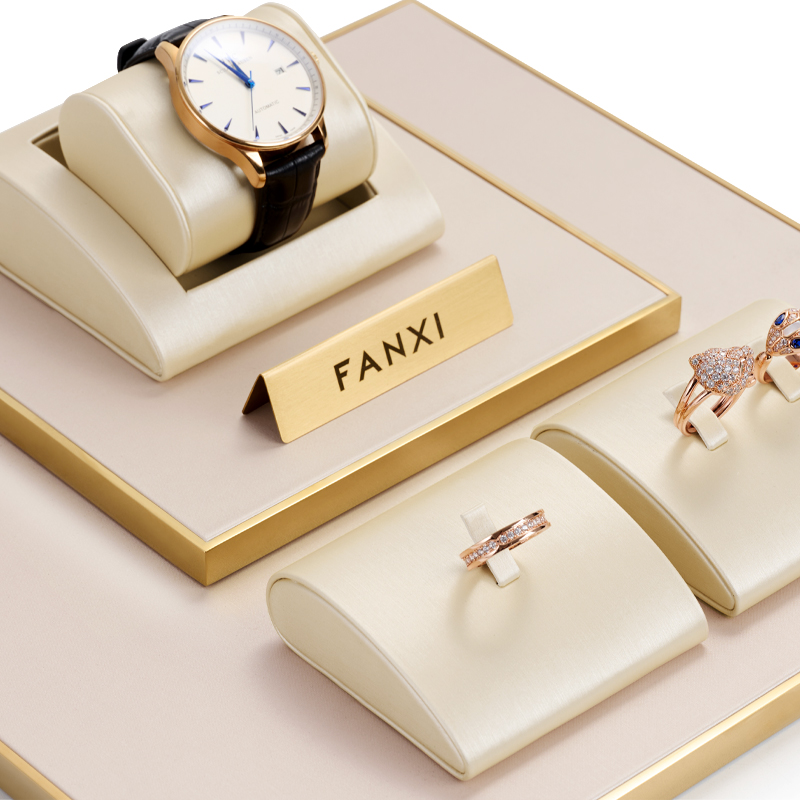 FANXI champagne luxury metal frame jewelry display set with pu leather