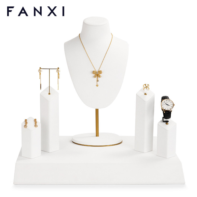 FANXI luxury jewelry display set with white microfiber and metal
