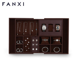 FANXI new design multi function dark brown jewelry display tray for ring earring bangle necklace