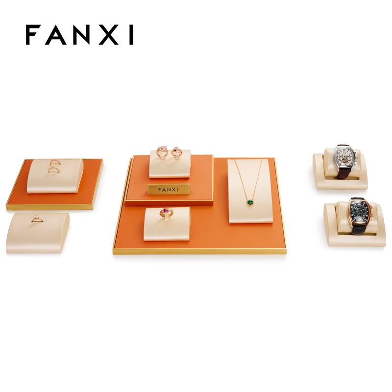 FANXI new arrival luxury metal frame jewelry display set with pu leather