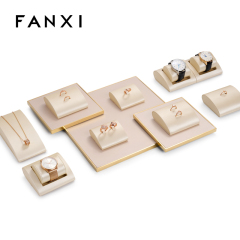 FANXI champagne luxury metal frame jewelry display set with pu leather