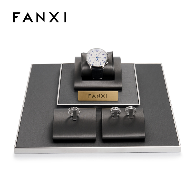 FANXI black luxury metal frame jewelry display set with pu leather