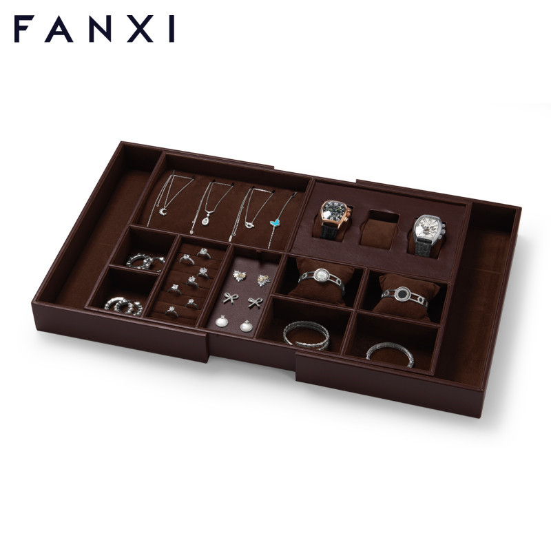 FANXI new design multi function dark brown jewelry display tray for ring earring bangle necklace