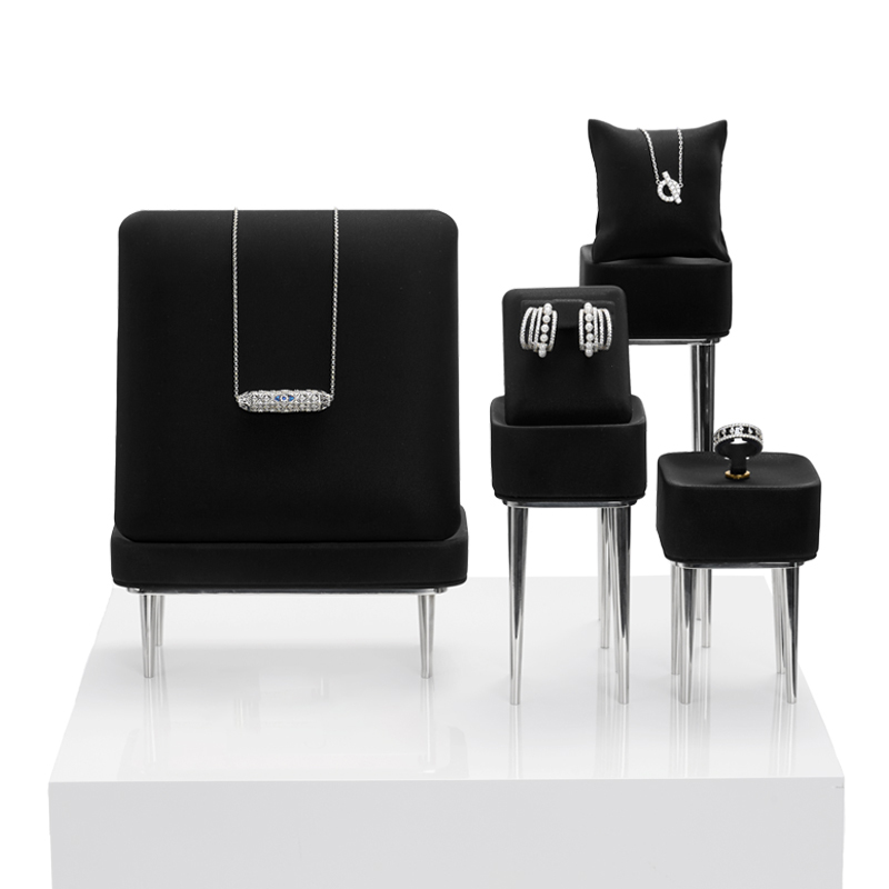 FANXI new design black leather jewelry display set with metal base for ring earring pendant