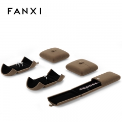 FANXI Wholesale Custom Logo Jewelry Box For Double Ring Earrings Necklace Bangle Bracelet Packaging Deluxe Coffee Velvet Ring Box