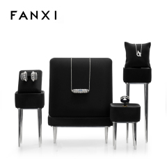 FANXI new design black leather jewelry display set with metal base for ring earring pendant