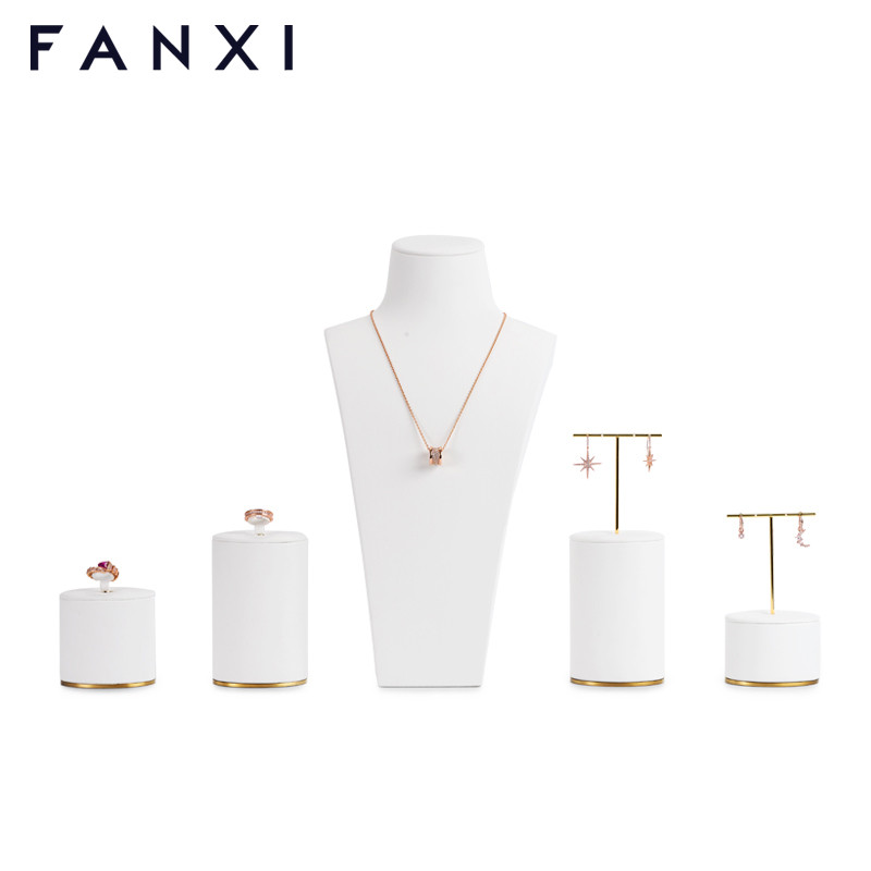 FANXI new design white leather colour jewelry counter display set with golden metal base