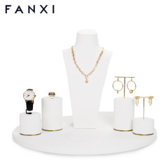 FANXI new design white leather colour jewelry counter display set with golden metal base