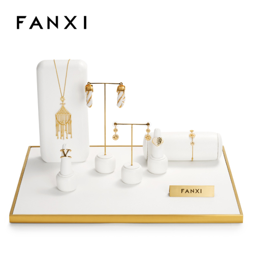 FANXI luxury metal frame white leather jewelry display stand set