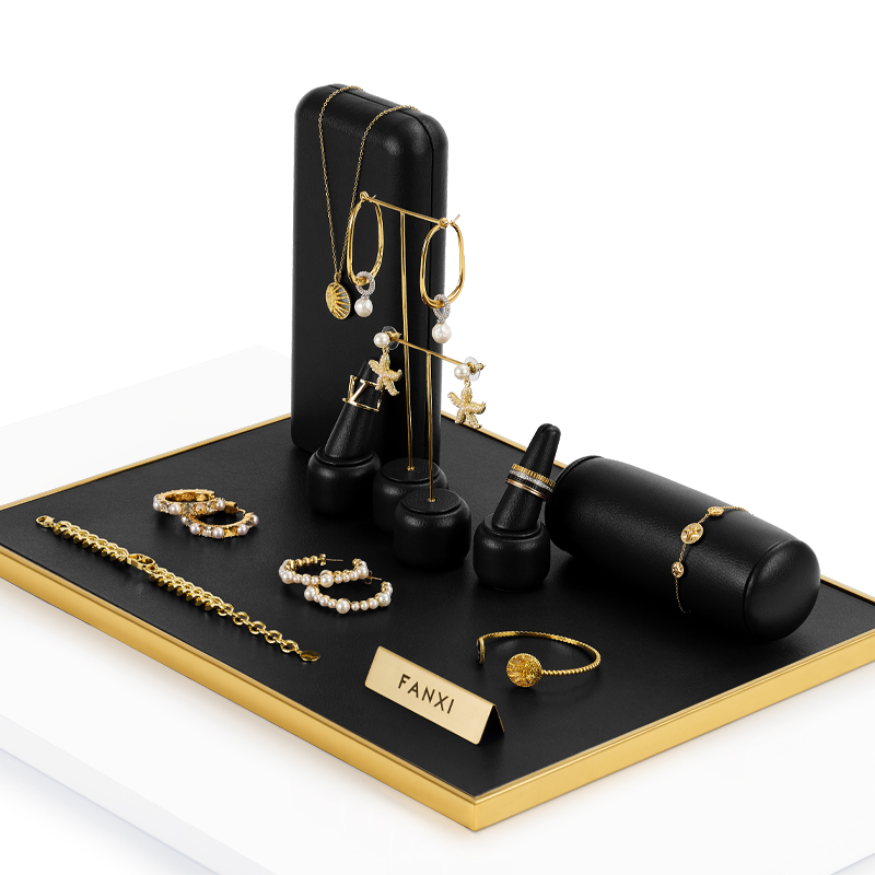 FANXI luxury metal frame black leather jewelry display stand set