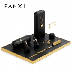 FANXI luxury metal frame black leather jewelry display stand set