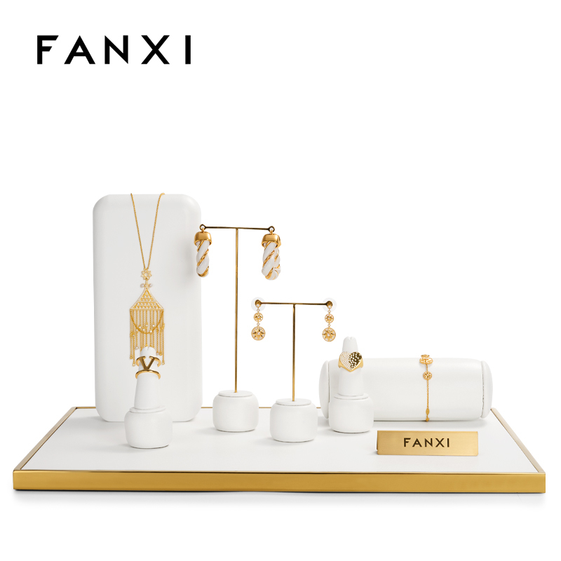 FANXI luxury metal frame white leather jewelry display stand set