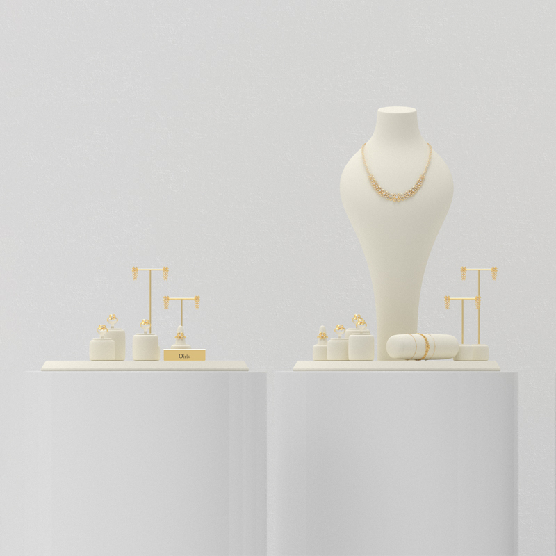 FANXI luxury new design beige microfiber jewelry display stand set with metal