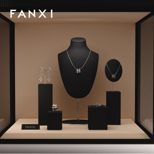 FANXI luxury black microfiber jewelry display stand set with metal