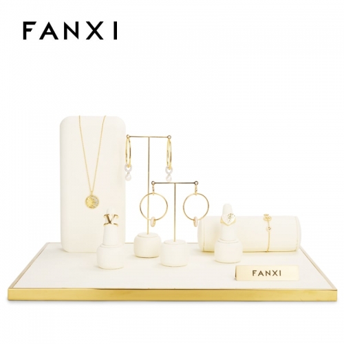 FANXI luxury metal frame jewelry display set with beige microfiber