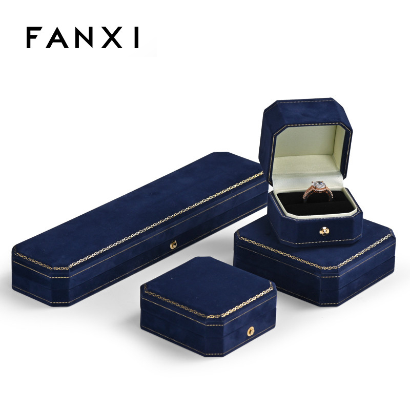 Custom blue octagon jewelry packing box with gold button