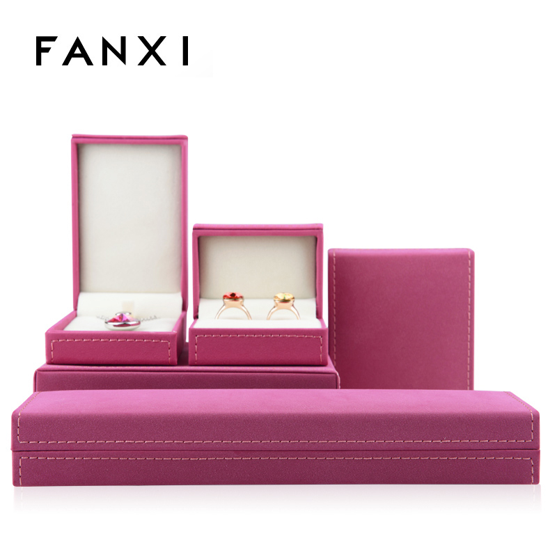 FANXI Custom Jewellery Gift Boxes With Beige Velvet Insert For Ring Double Ring Necklace Bracelet Jewelry Set Rose Red Leather Jewelry Packaging Box