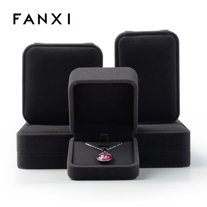 FANXI Custom Logo Plastic Packaging Boxes For Ring Necklace Earrings Bracelet Storage Black Velvet Jewelry Gift Box