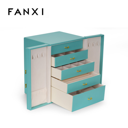 Tiffany blue leather multifunction jewelry organizer box case with microfiber inside